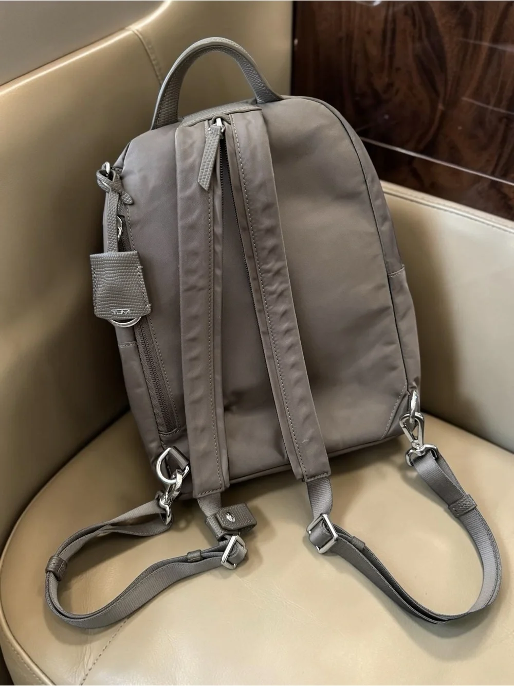 TUMI Voyageur Halle Backpack Nylon Leather Taupe Grey Travel Work Bag E517